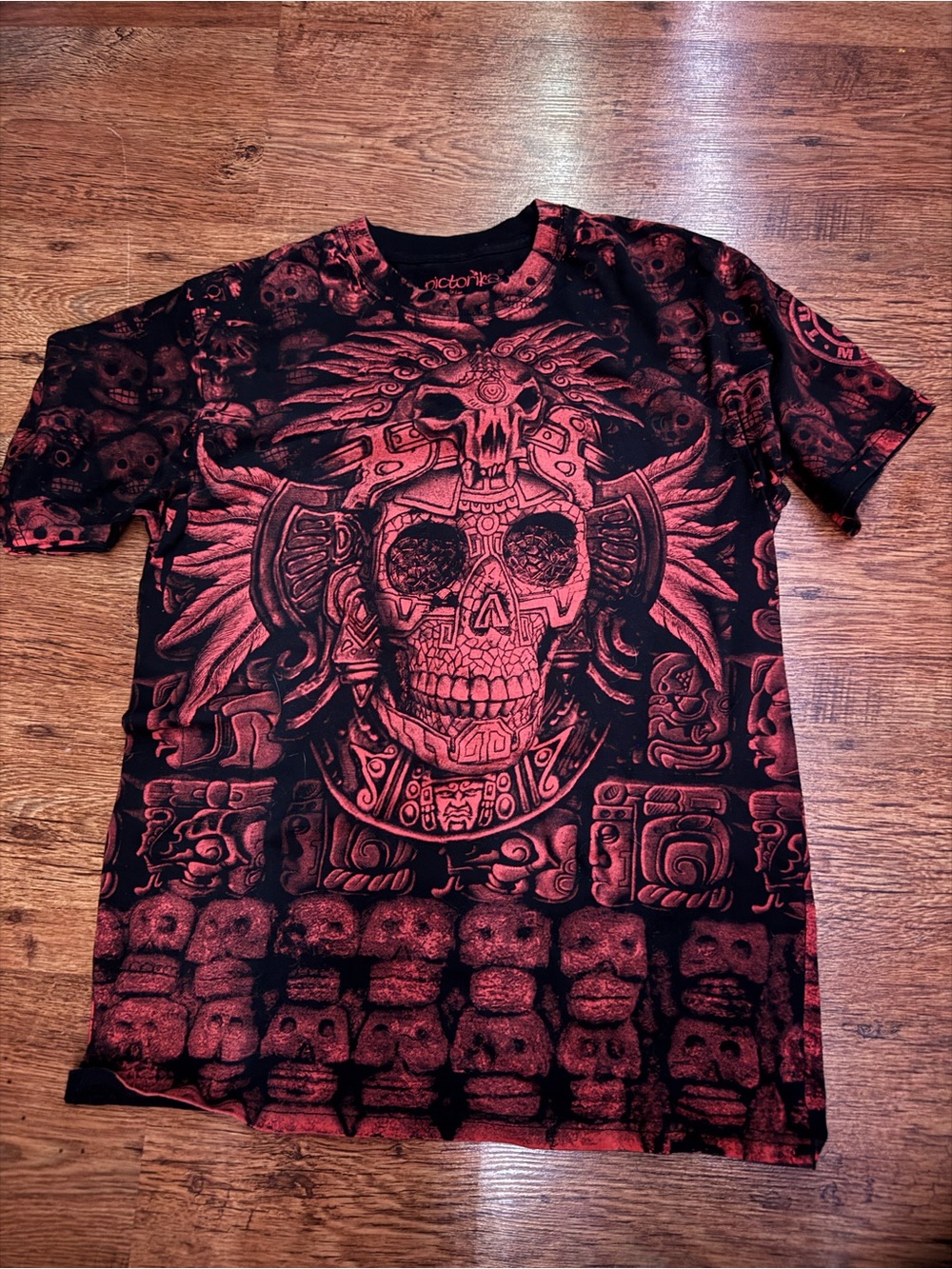Men's Black & Red Graphic Skull Tee - Aztec-Inspired Design